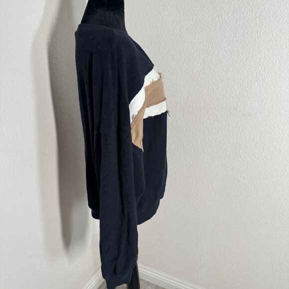 Aemi & Co Size L Frayed Colorblock Crew Neck Sweater Navy/Tan/White Cotton Blend - Picture 3 of 10
